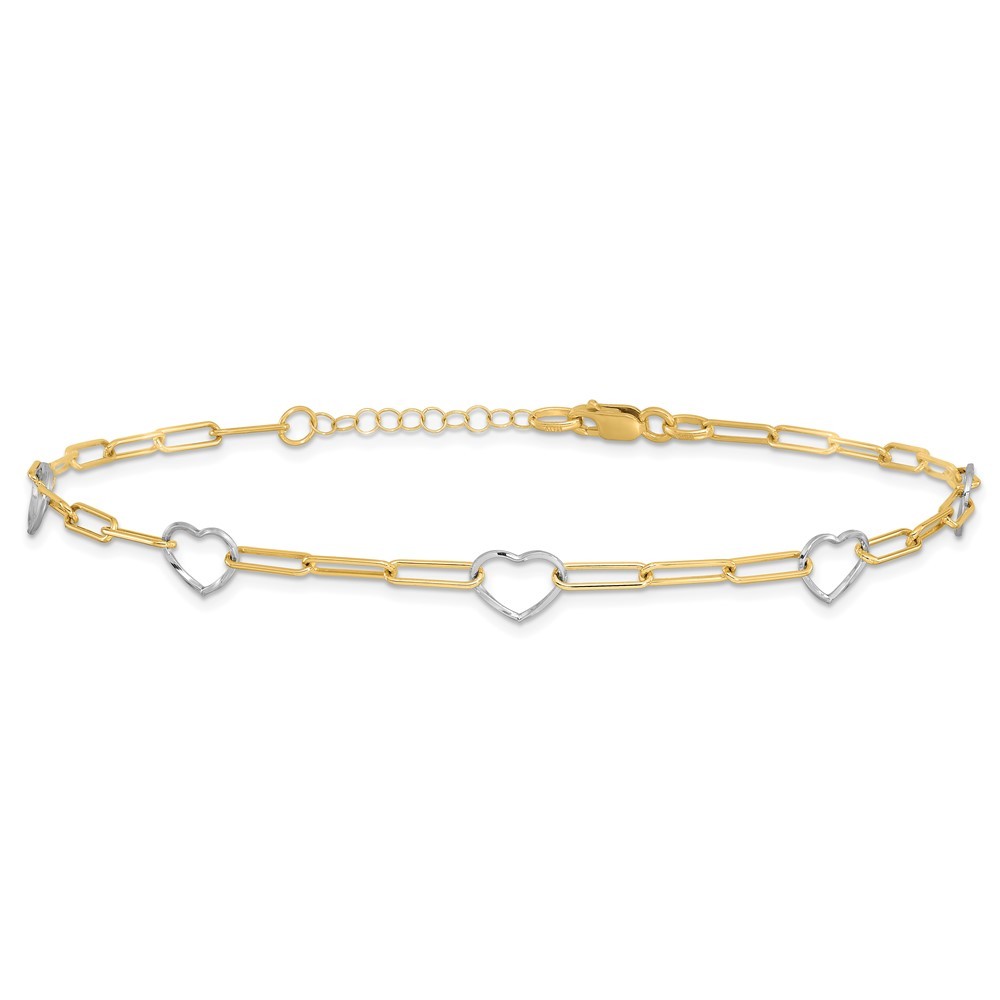 14K Two-tone Paperclip Link Heart Charm 9" + 1" ext. Summer Fine Jewelry Anklet - Picture 3 of 7